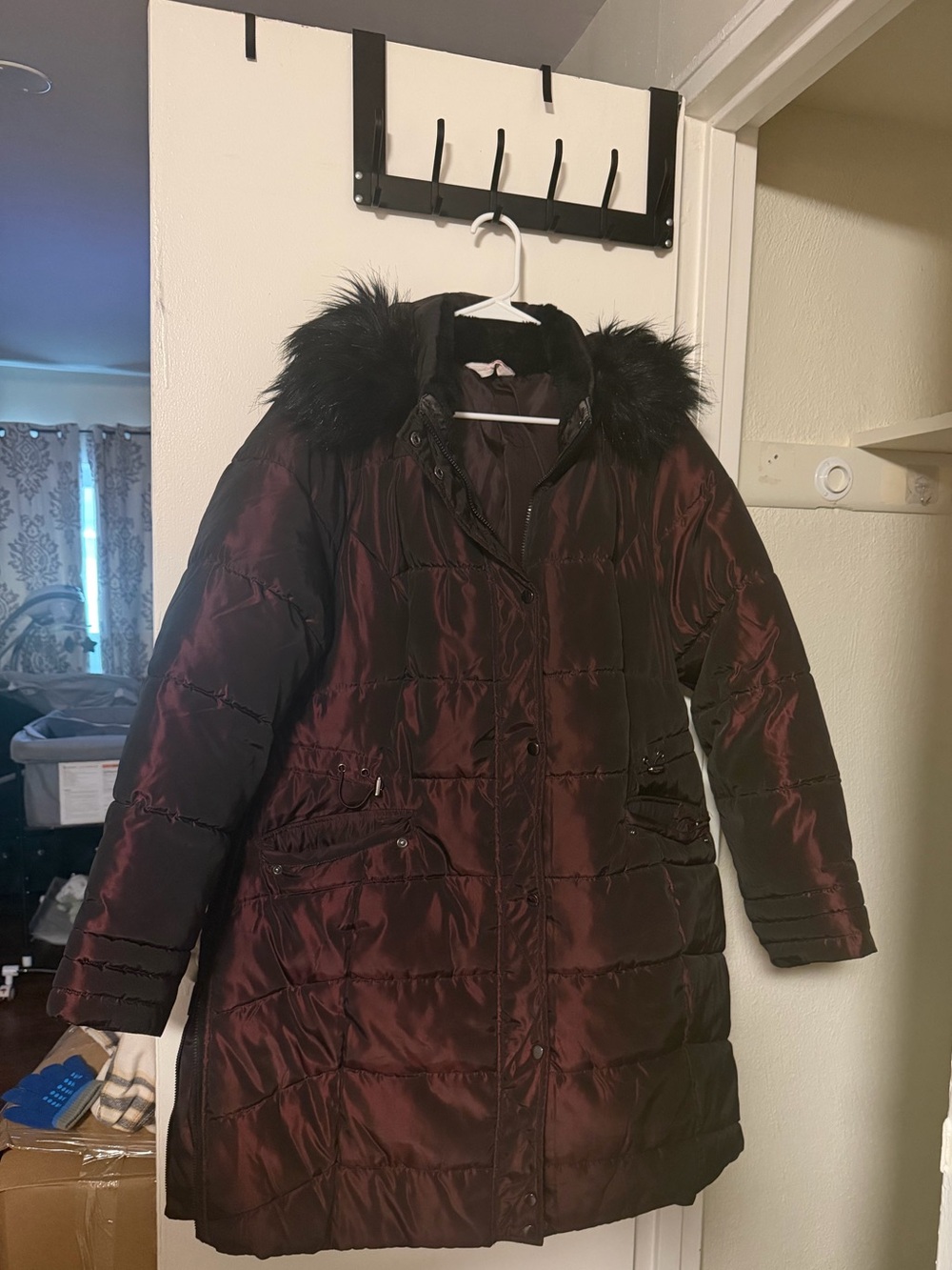 Insulated Long Puffer Coat with Faux Fur Hood in Deep Wine